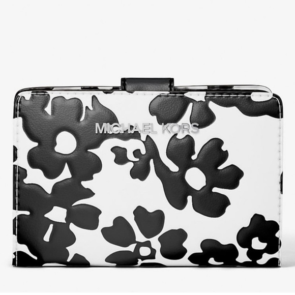 Michael Kors Jet Set Medium Floral Print BiFold Wallet Black Multi - Picture 1 of 9